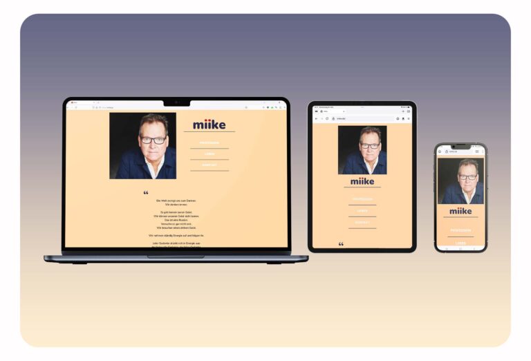 Website miike.de zu Portfoliozwecken - Startseite auf drei Geräten